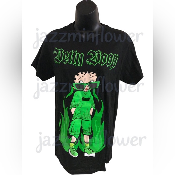 Betty‎ Boop green flames green Betty black tshirt size small - Picture 1 of 8